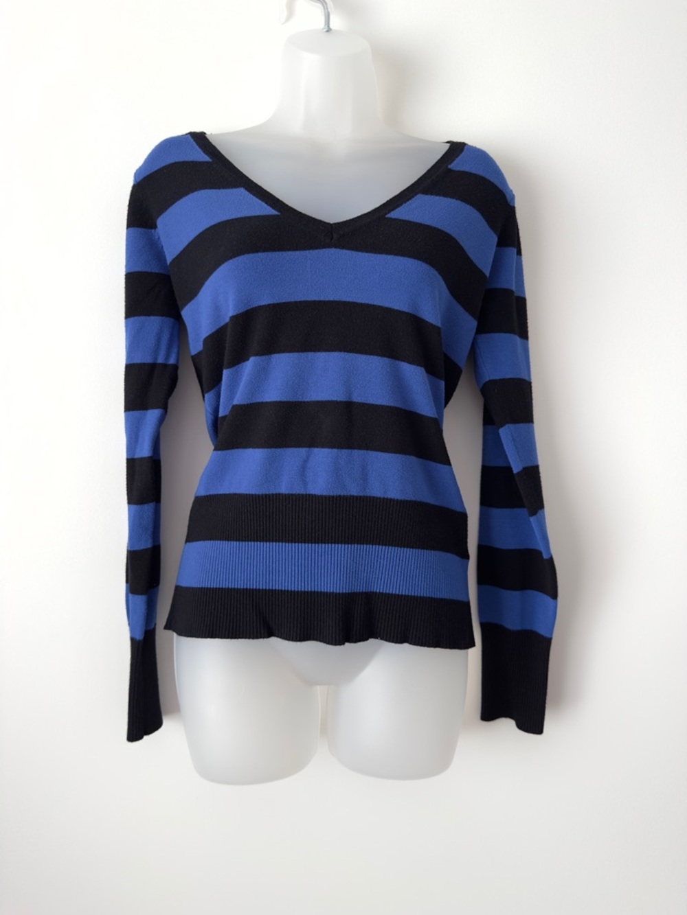 blue and black stripe v neck sweater